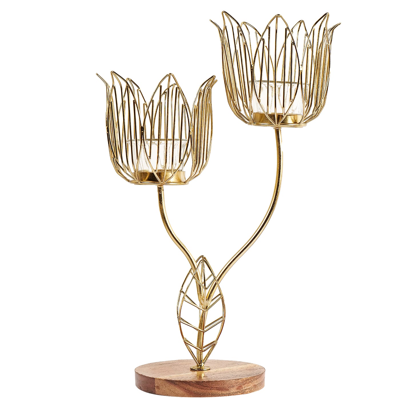 Twin Flower cut candle holder with Wooden base