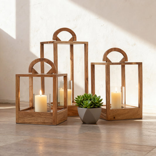 Rustic Glow: Handcrafted Wooden Lantern Set of 3