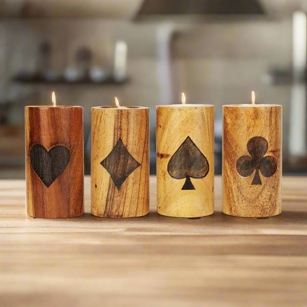 Wooden Tealight Candle Holders with Etched Cards Design - Set of 4