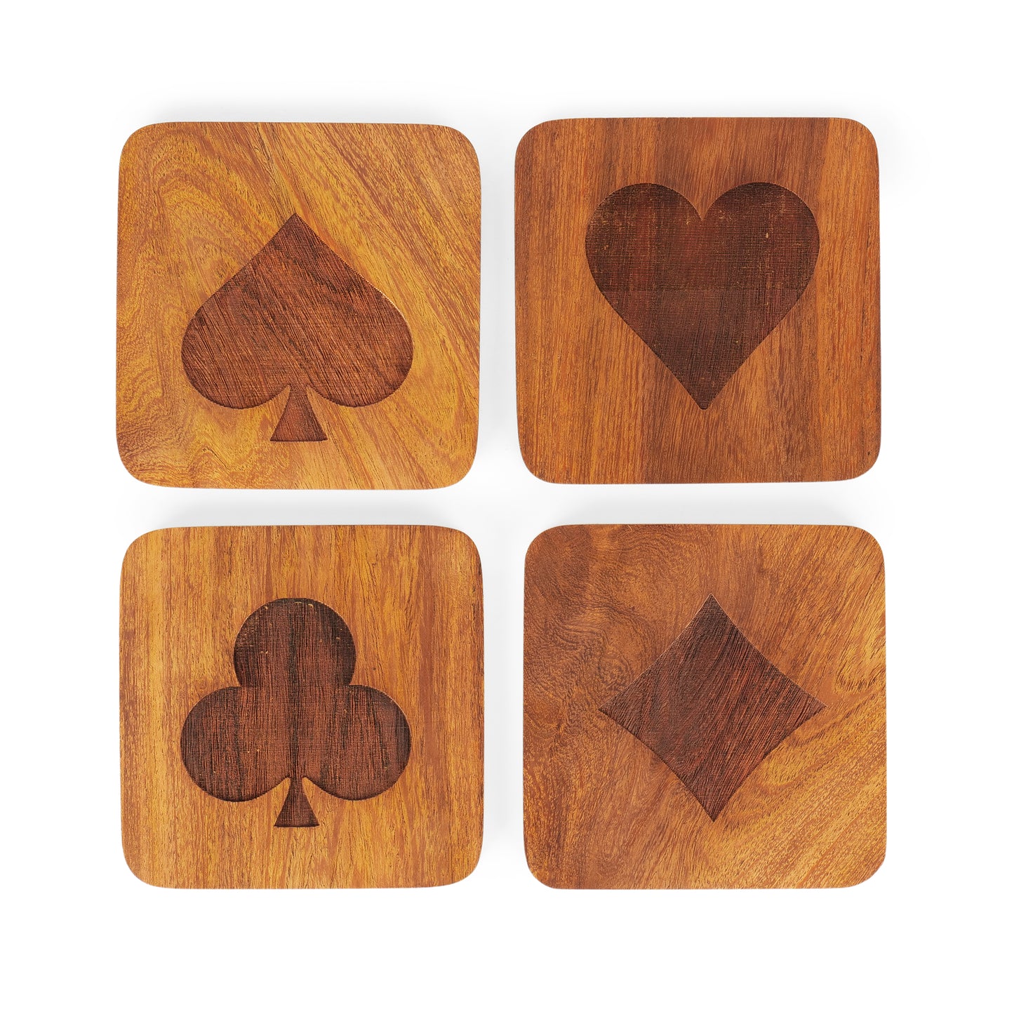 Wooden Coasters Set of 4 | Playing Card Suit Design (Spade, Club, Diamond, Heart) | Laser Etched Table Coasters