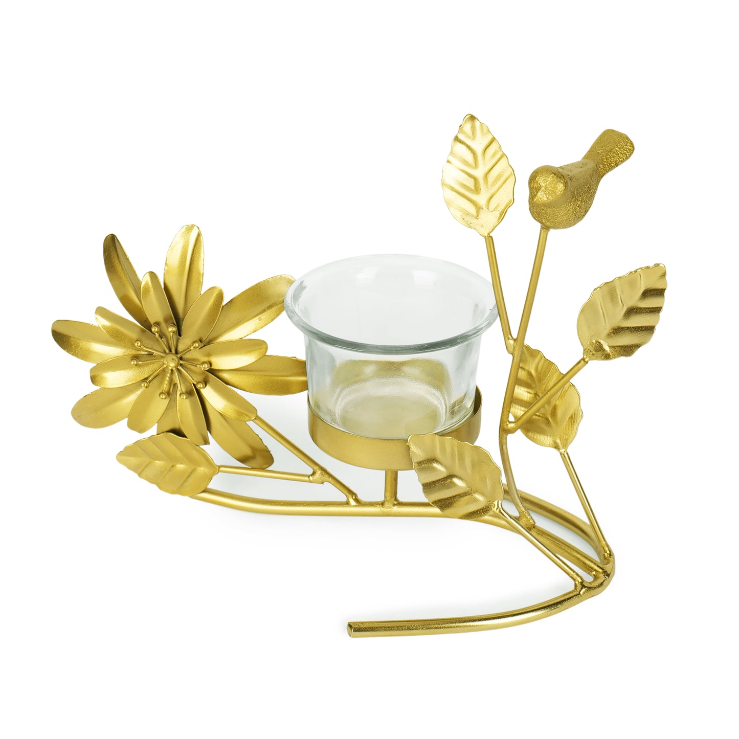 Golden Tealight Holder with Glass Cup – Birds, Leaves & Flower Accents