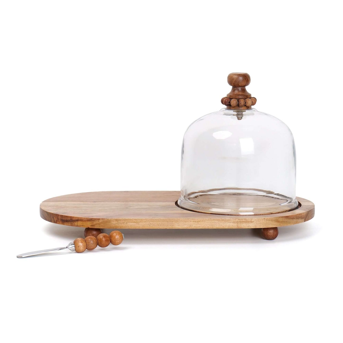 Glass Cloche Centerpiece with Wooden Platter and Knife