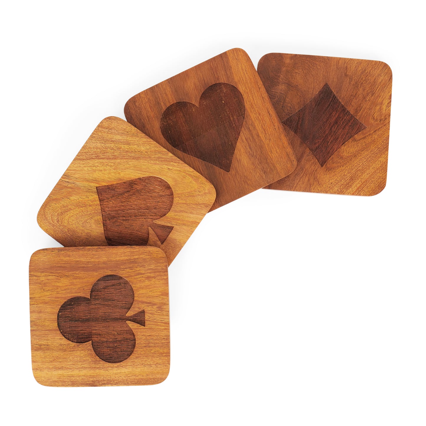 Wooden Coasters Set of 4 | Playing Card Suit Design (Spade, Club, Diamond, Heart) | Laser Etched Table Coasters