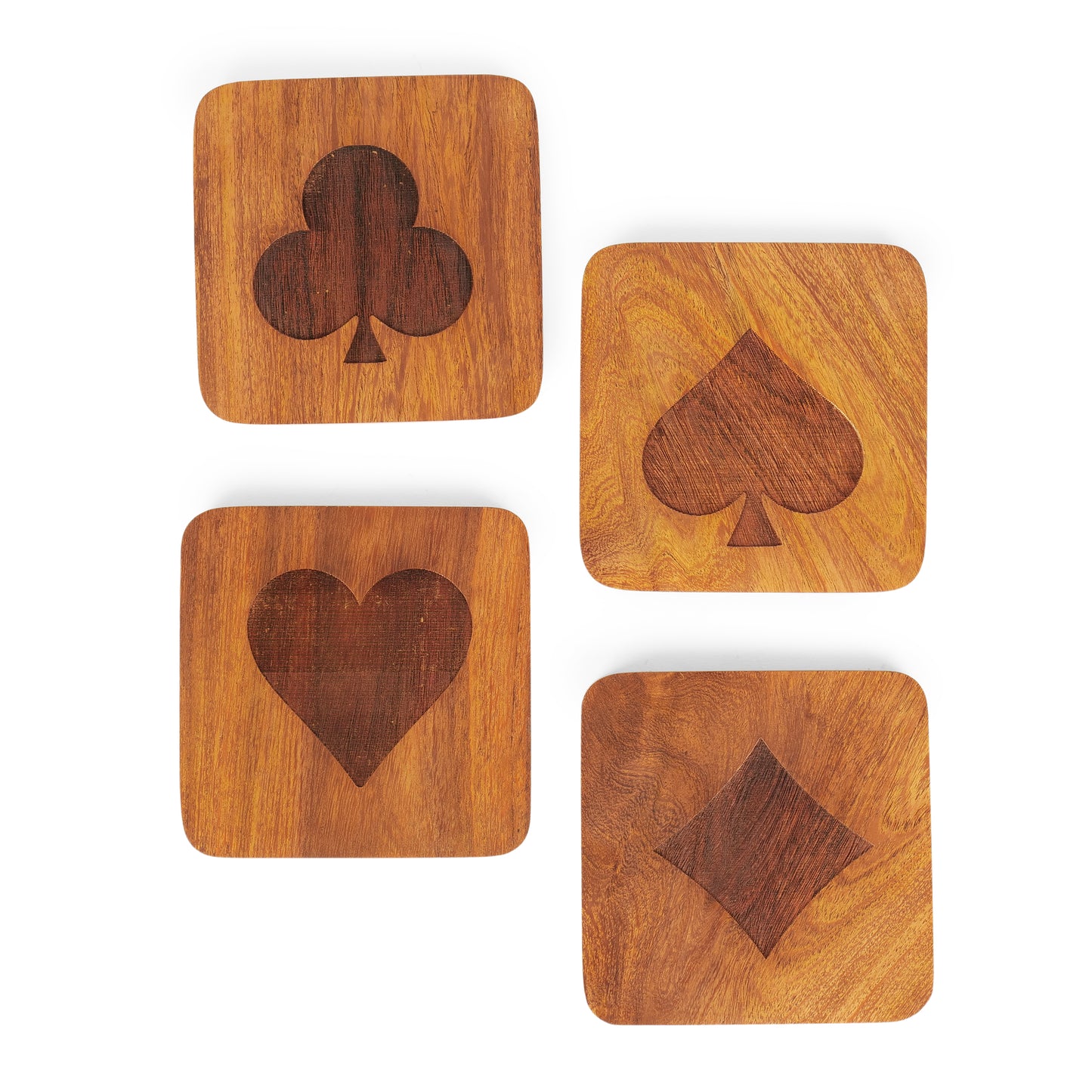 Wooden Coasters Set of 4 | Playing Card Suit Design (Spade, Club, Diamond, Heart) | Laser Etched Table Coasters
