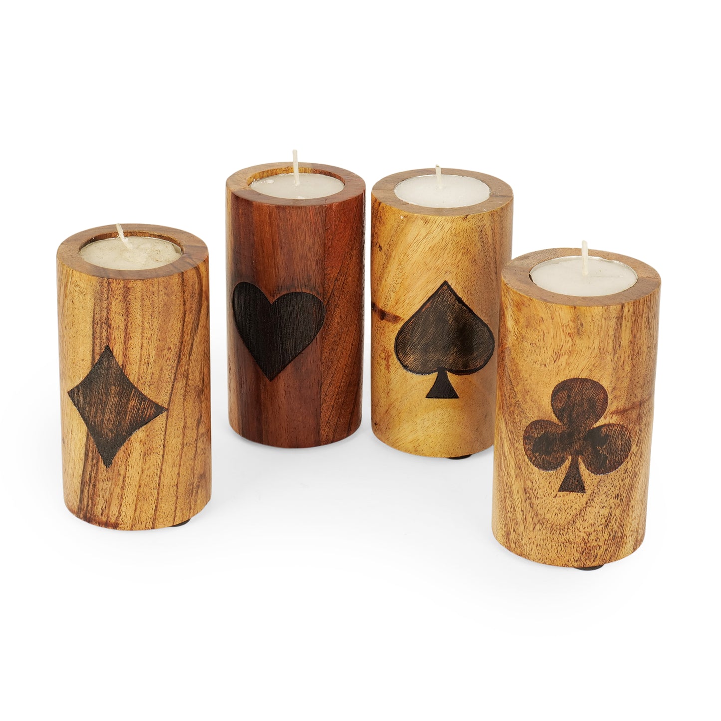 Wooden Tealight Candle Holders with Etched Cards Design - Set of 4