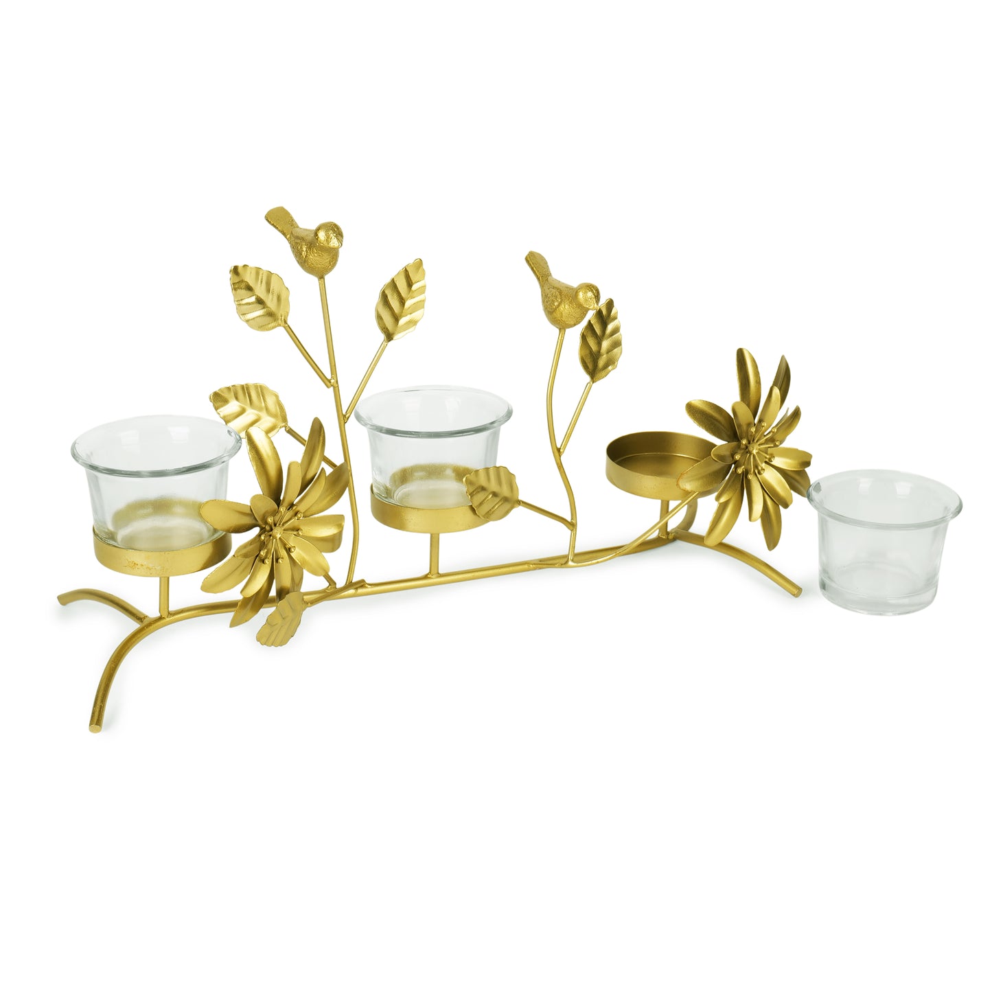 Golden Tealight Holder with 3 Glass Cups – Birds, Leaves & Flower Accents