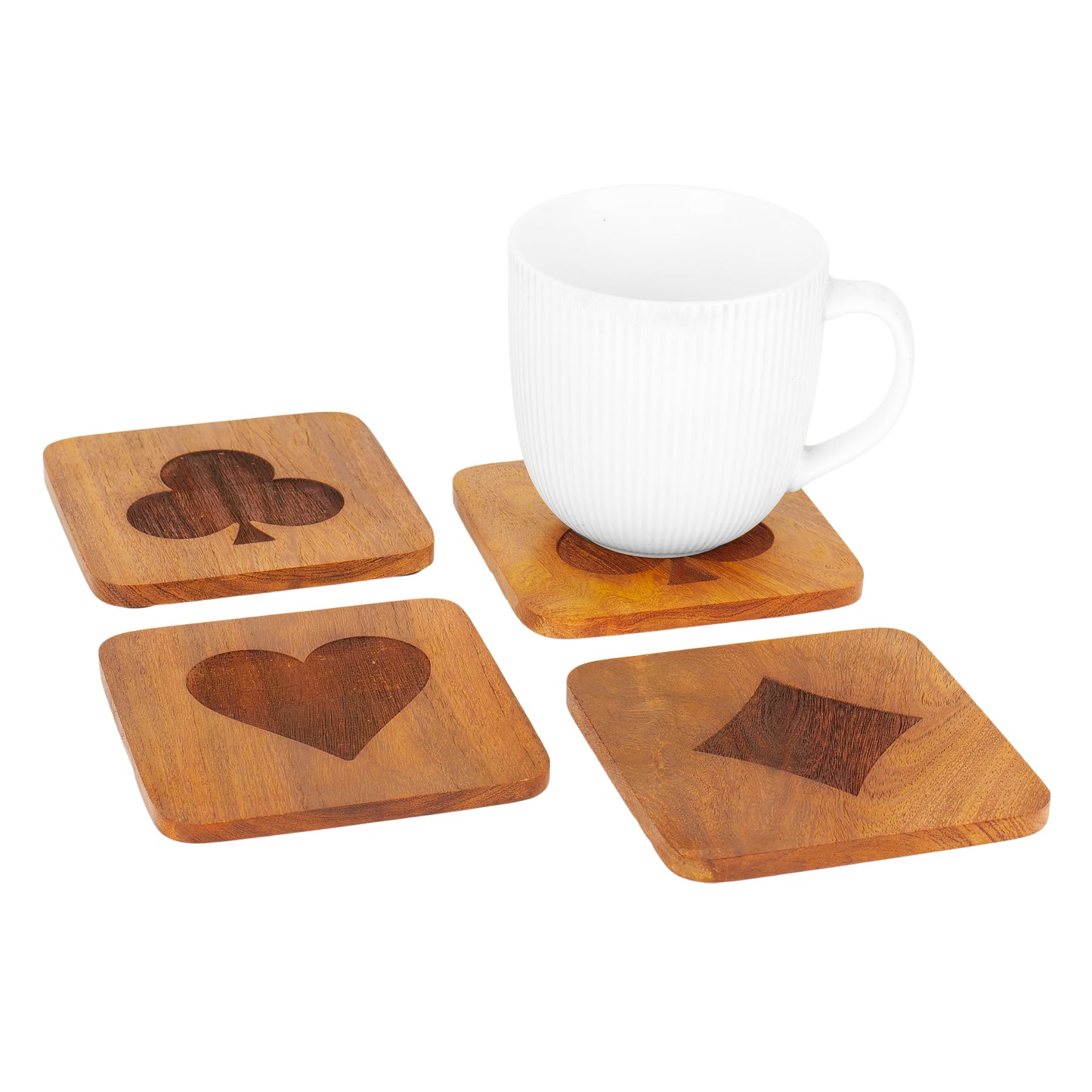 Wooden Coasters Set of 4 | Playing Card Suit Design (Spade, Club, Diamond, Heart) | Laser Etched Table Coasters