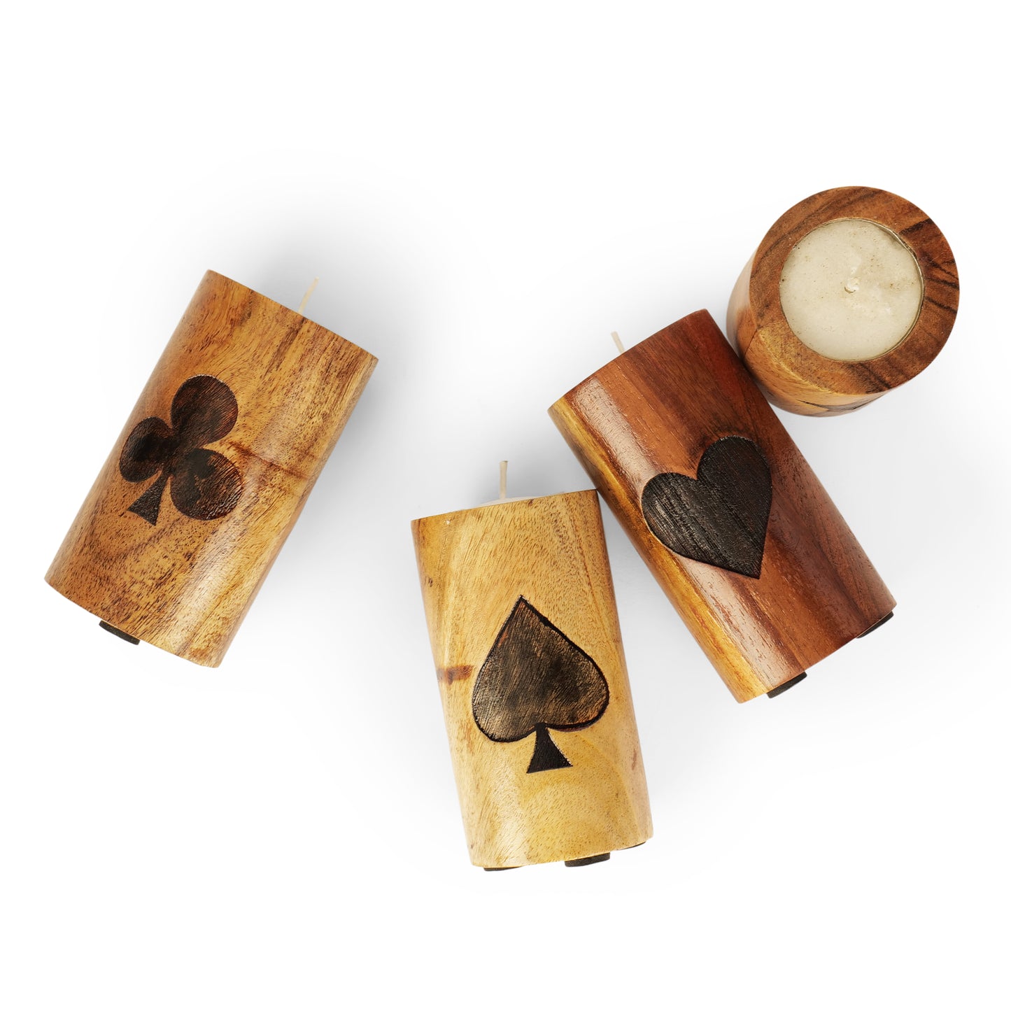 Wooden Tealight Candle Holders with Etched Cards Design - Set of 4