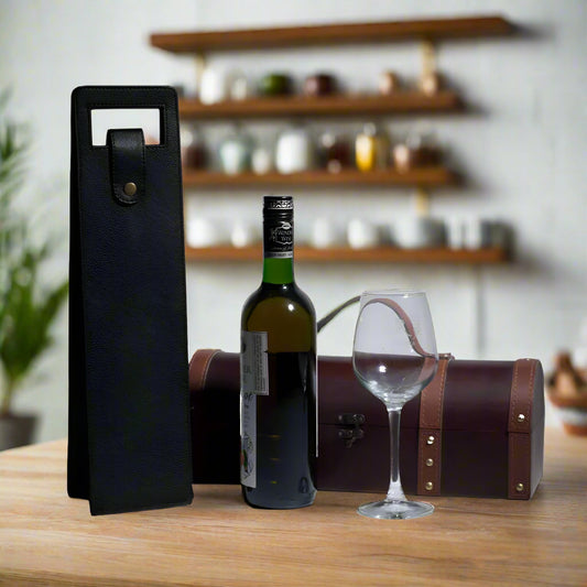 Vegan Leather Wine Bottle Holder, Wine Bag - Black