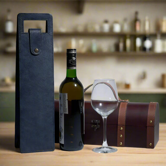 Vegan Leather Wine Bottle Holder, Wine Bag - Blue