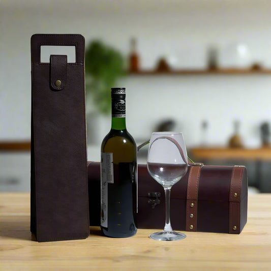 Vegan Leather Wine Bottle Holder, Wine Bag - Brown