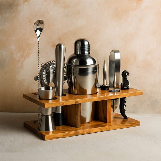 Kraftyhome Signature Bar Tools Set: Luxury Edition with Elegant Wooden Stand - T