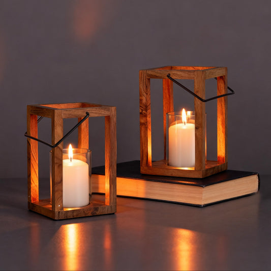 Rustic Glow: Handcrafted Wooden Lantern Set of 2