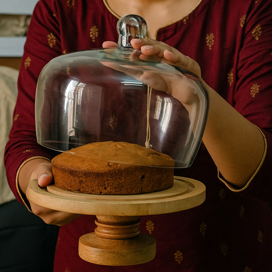 Rustic Cake Pedestal with Glass Cloche - 7 inch