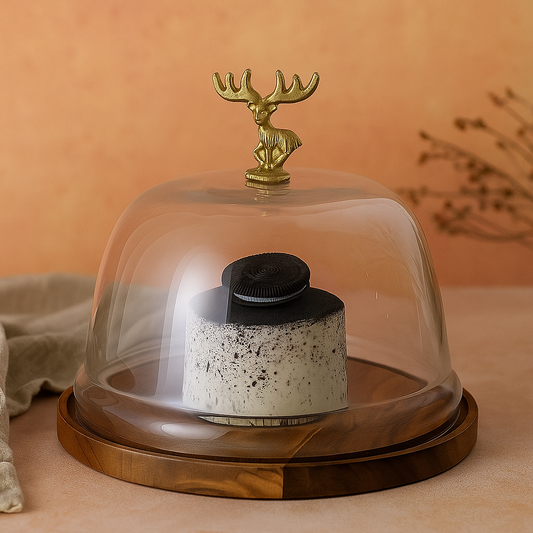 Wooden Cake Stand with Glass Dome - 8" Reindeer