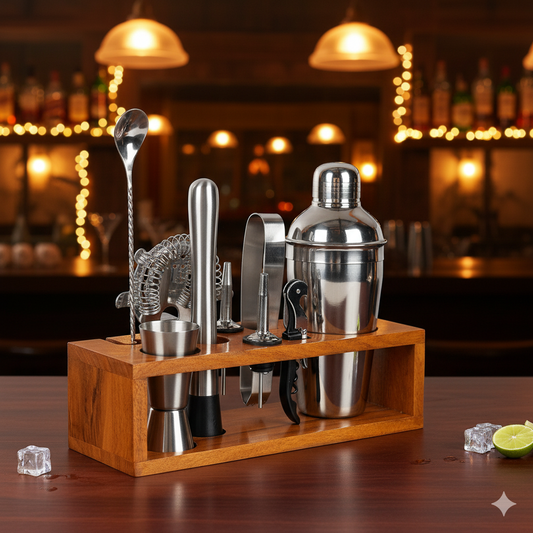 Kraftyhome Signature Bar Tools Set: Luxury Edition with Elegant Wooden Stand - D