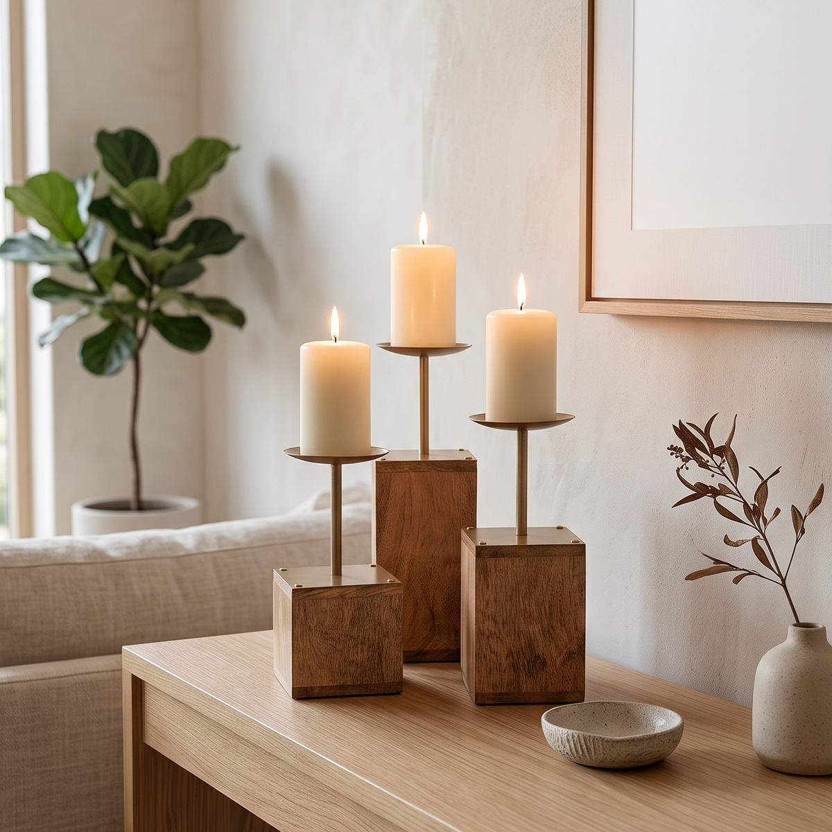 Modern Block Wood Pillar Candle Holders (Set of 3)