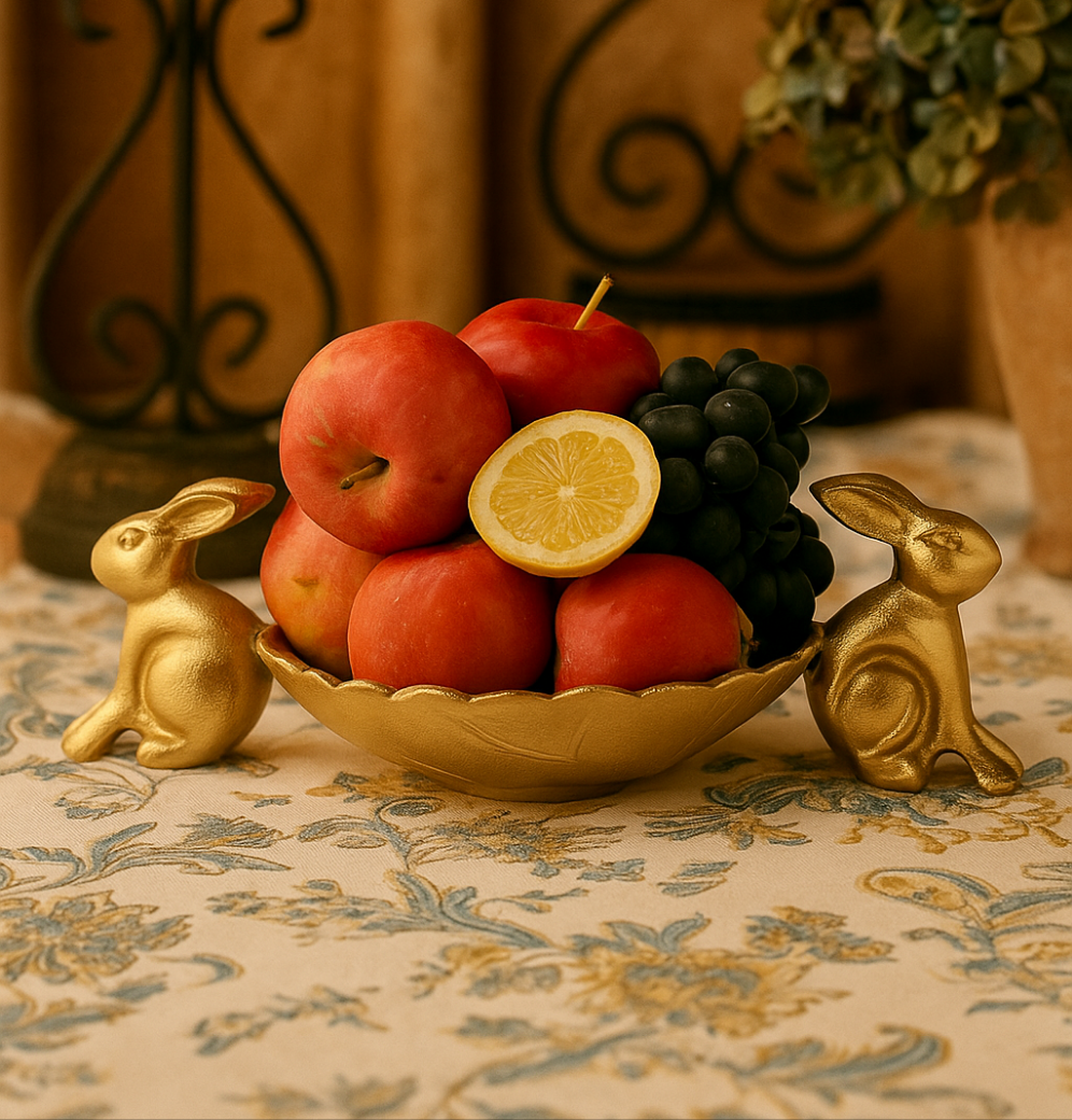Whimsical Aluminum Fruit Bowl: Adorned with Playful Rabbits