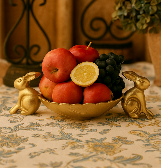 Whimsical Aluminum Fruit Bowl: Adorned with Playful Rabbits