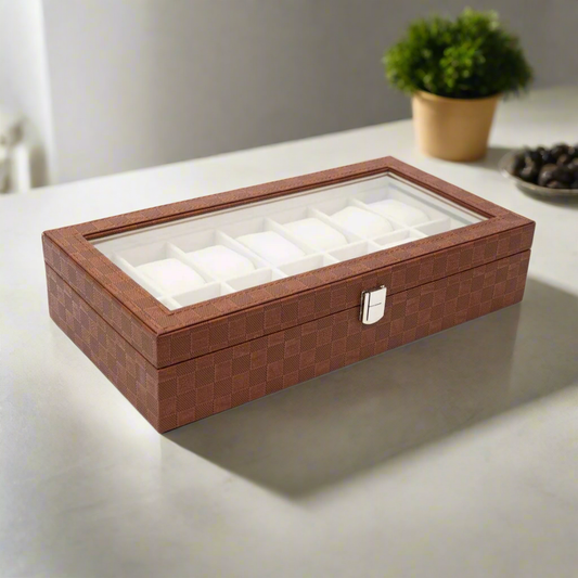 Brown Checked Leather Watch Organizer (14 slots)
