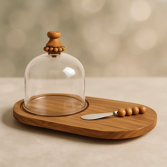 Glass Cloche with Wooden Platter - Decorative Centerpiece for Home & Table