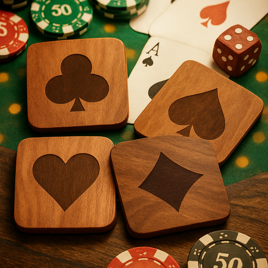 Wooden Coasters Set of 4 | Playing Card Suit Design (Spade, Club, Diamond, Heart) | Laser Etched Table Coasters