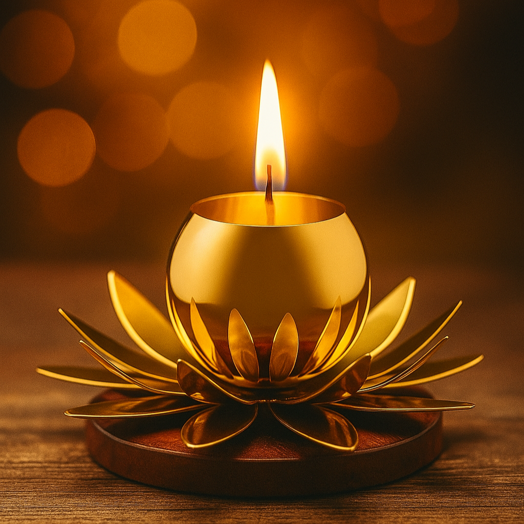 Gold lotus-shaped candle holder with a lit candle on a wooden surface, blurred warm background
