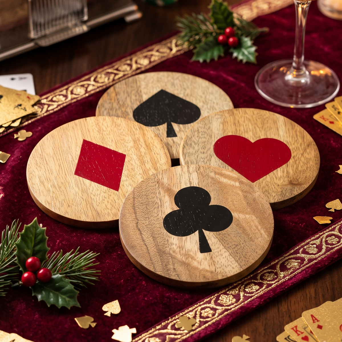 Round Wooden Coasters Set of 4 | Playing Card Suit Design -PR