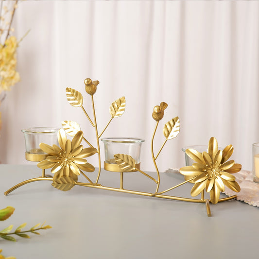 Golden Tealight Holder with 3 Glass Cups – Birds, Leaves & Flower Accents