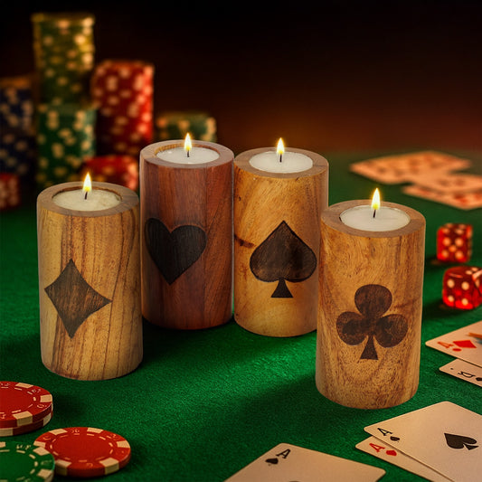 Wooden Tealight Candle Holders with Etched Cards Design - Set of 4