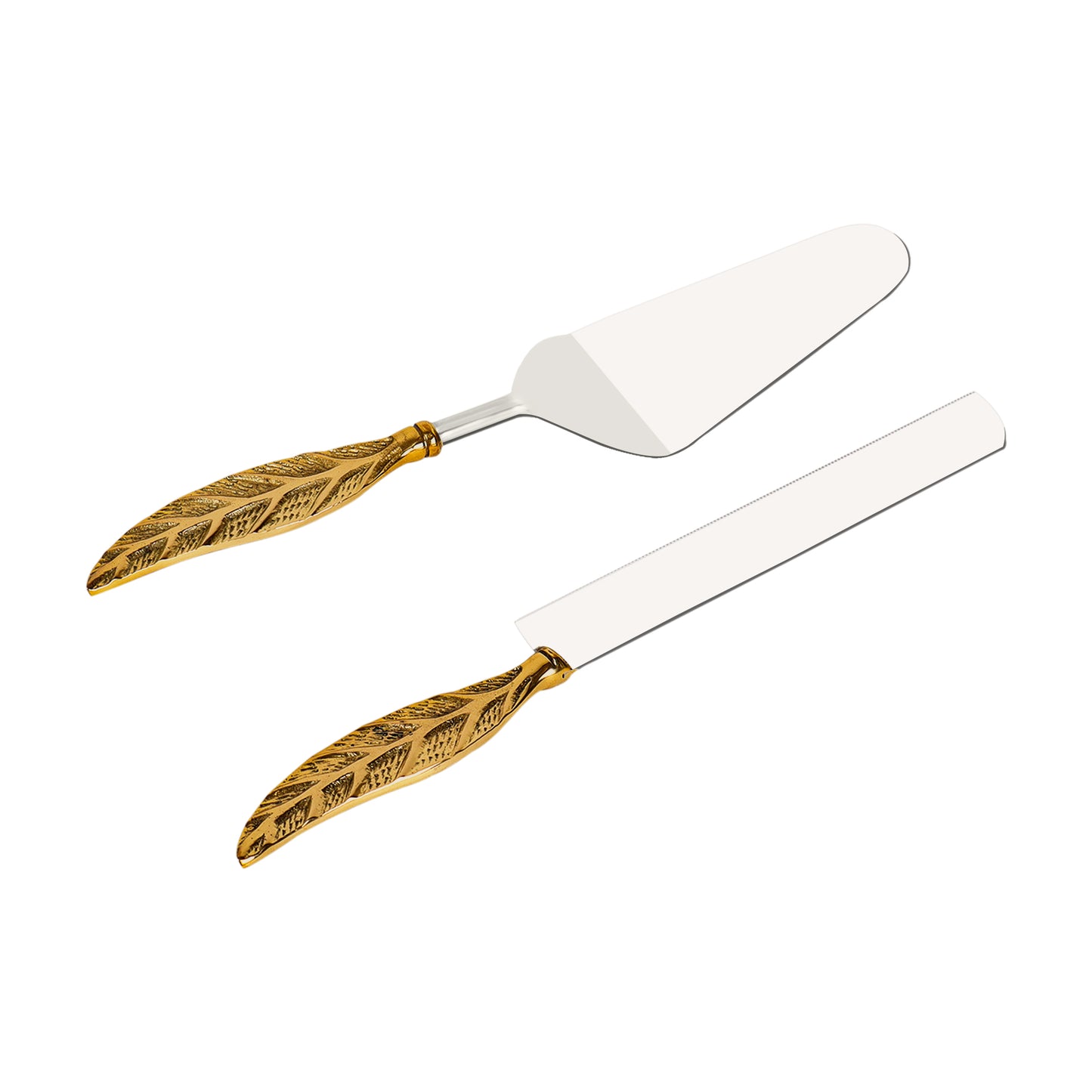 Stainless Steel and Brass Cake Server Set - Leaf