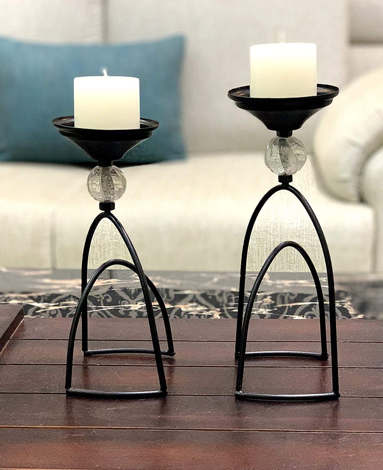 Candle Holder Set for Home Decor, Black Candle Stand , Crystal Bead -S/2 SM