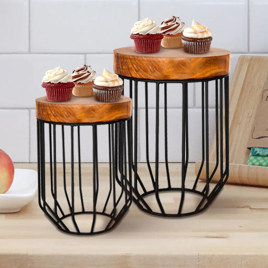 Wood and Metal Wire Round Display Riser Stands - Set of 2