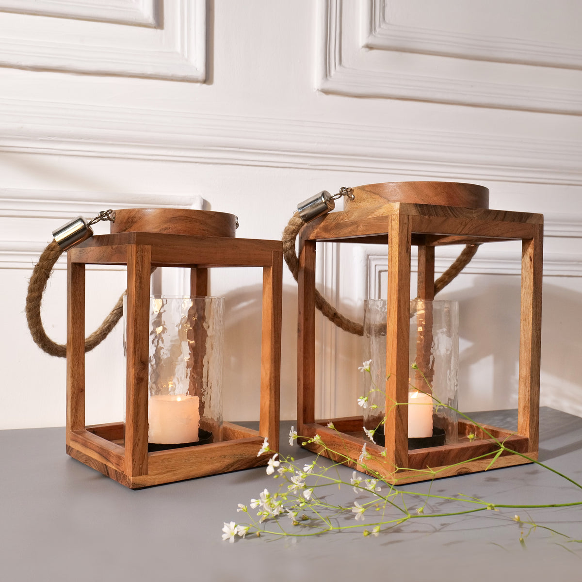 Rustic Glow: Handcrafted Wooden Lantern Set of 2