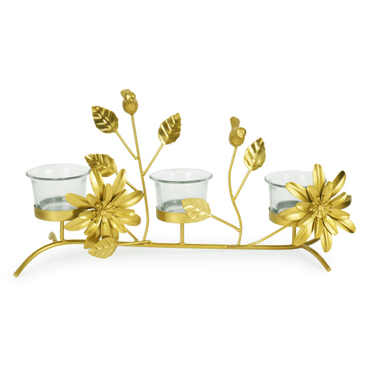Golden Tealight Holder with 3 Glass Cups – Birds, Leaves & Flower Accents