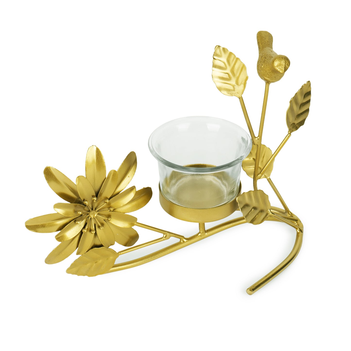 Golden Tealight Holder with Glass Cup – Birds, Leaves & Flower Accents