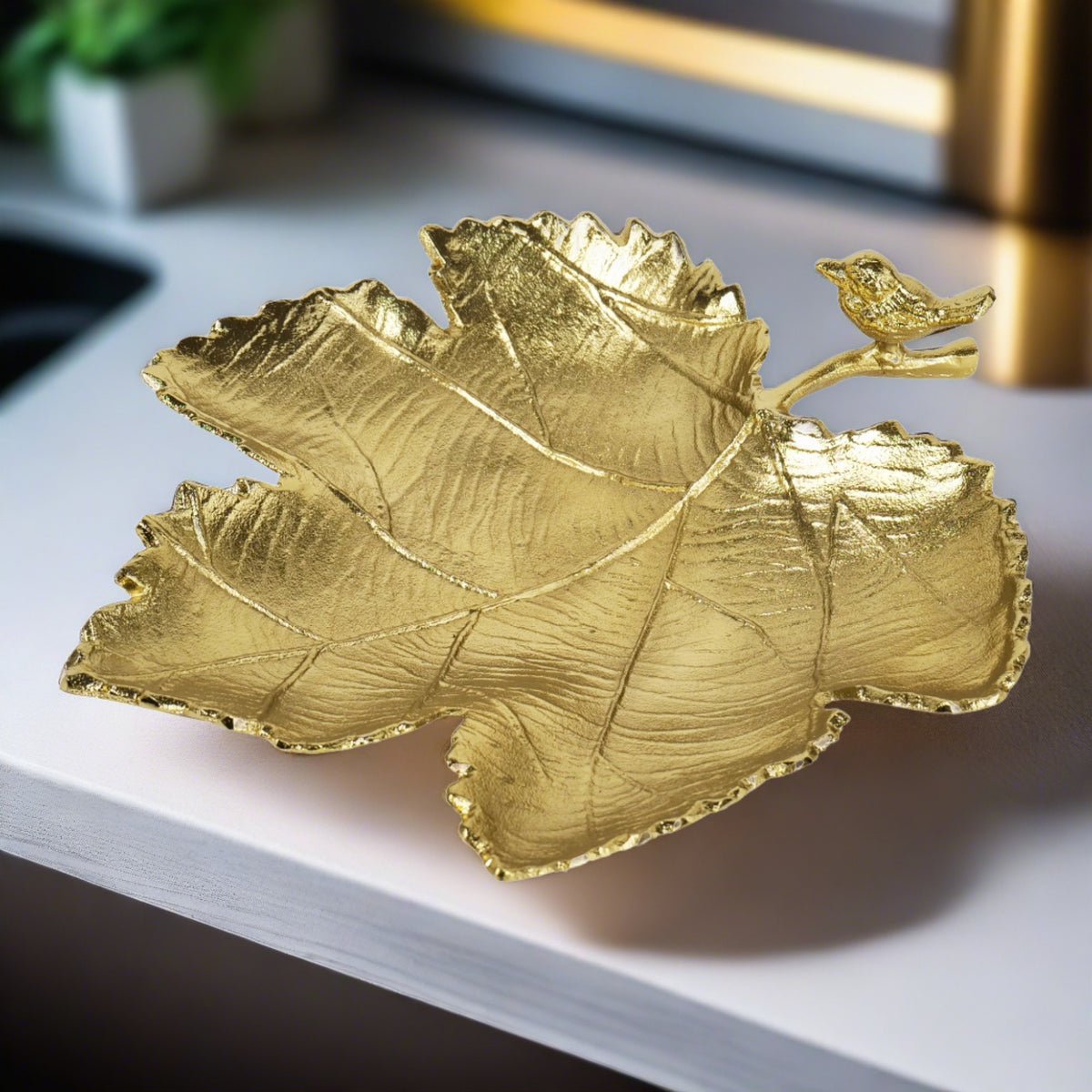 Nature's Elegance: Aluminum Leaf Platter with Bird - 13.5 inch