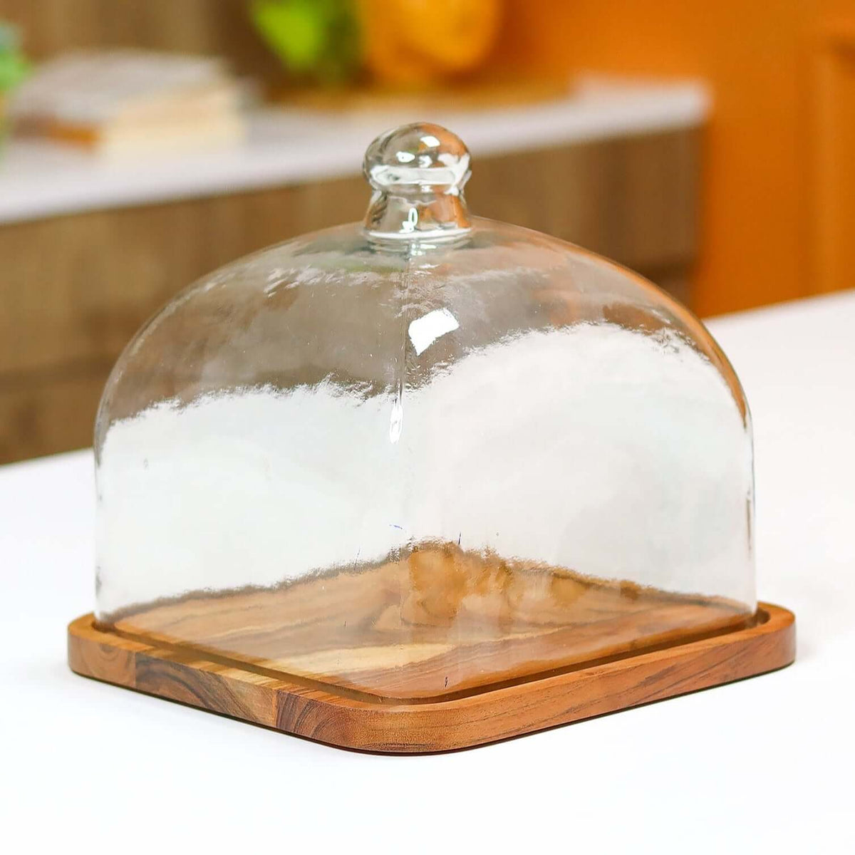 Square Glass dome with wooden base - 8 inch