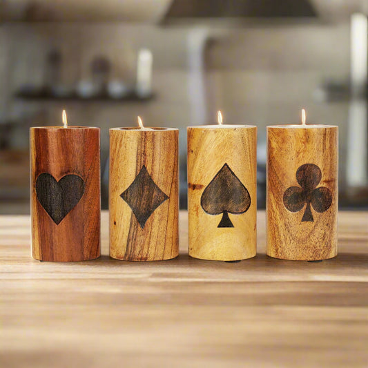 Wooden Tealight Candle Holders with Etched Cards Design - Set of 4