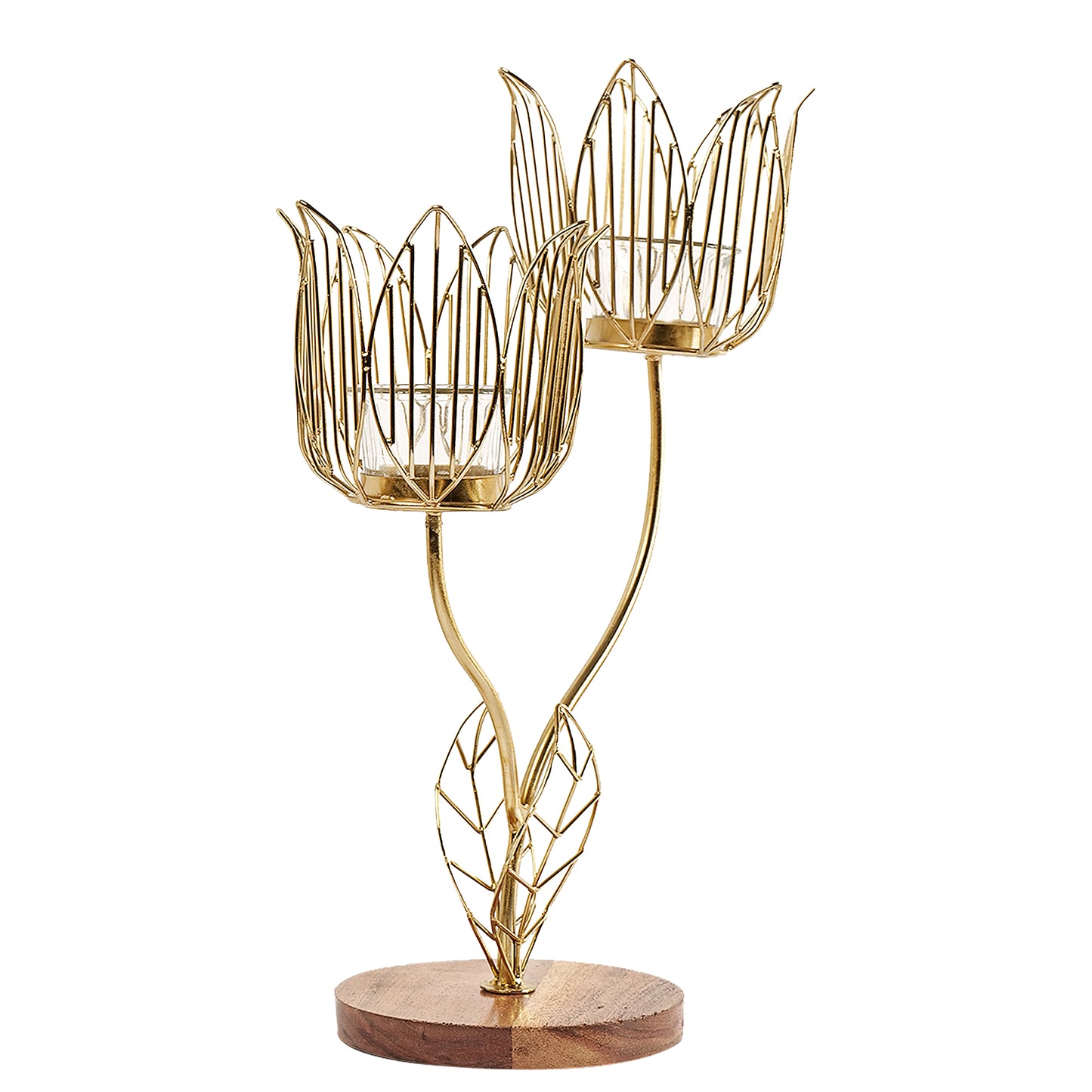 Twin Flower cut candle holder with Wooden base