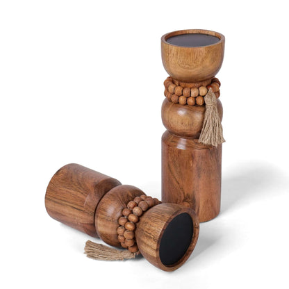 Wooden Candle Holders with Wooden Beads (Set of 2)