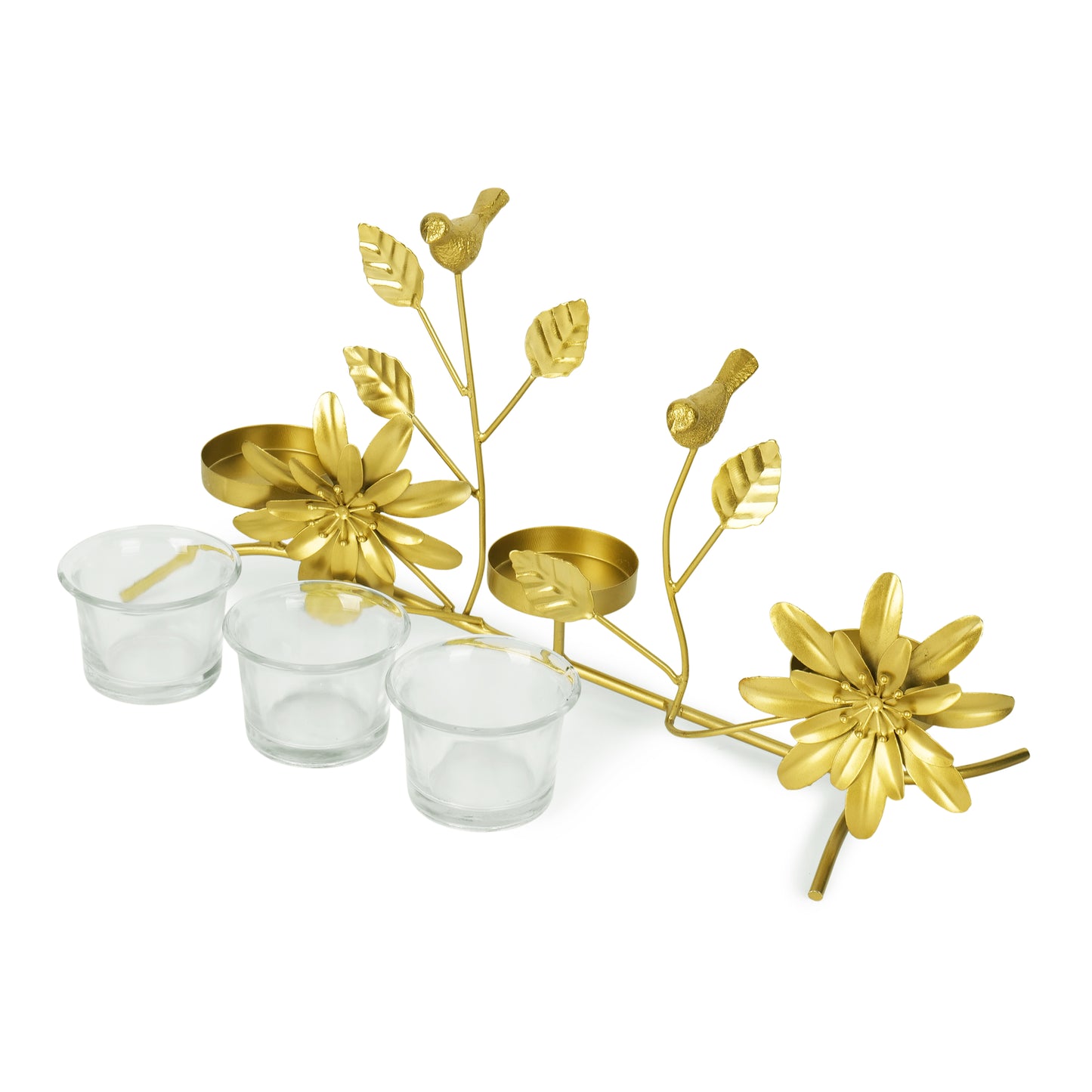 Golden Tealight Holder with 3 Glass Cups – Birds, Leaves & Flower Accents