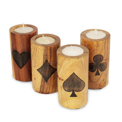 Wooden Tealight Candle Holders with Etched Cards Design - Set of 4