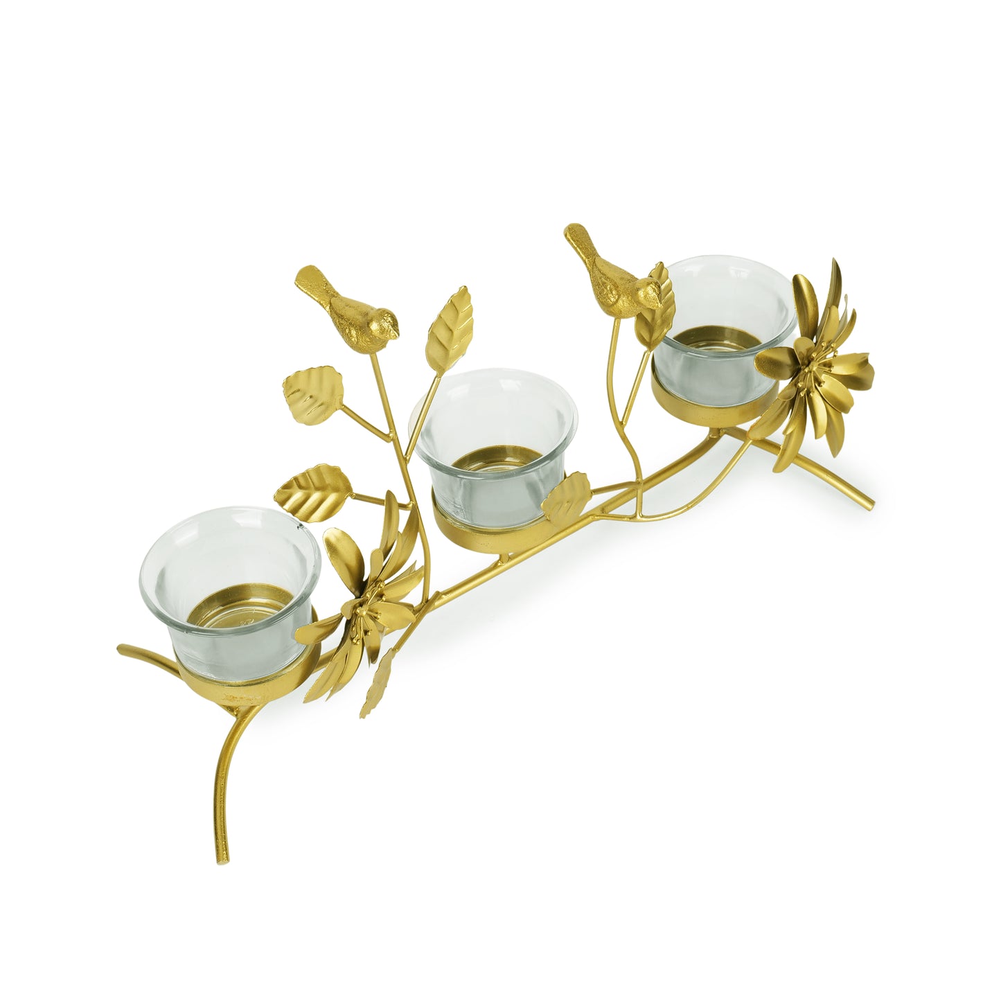 Golden Tealight Holder with 3 Glass Cups – Birds, Leaves & Flower Accents