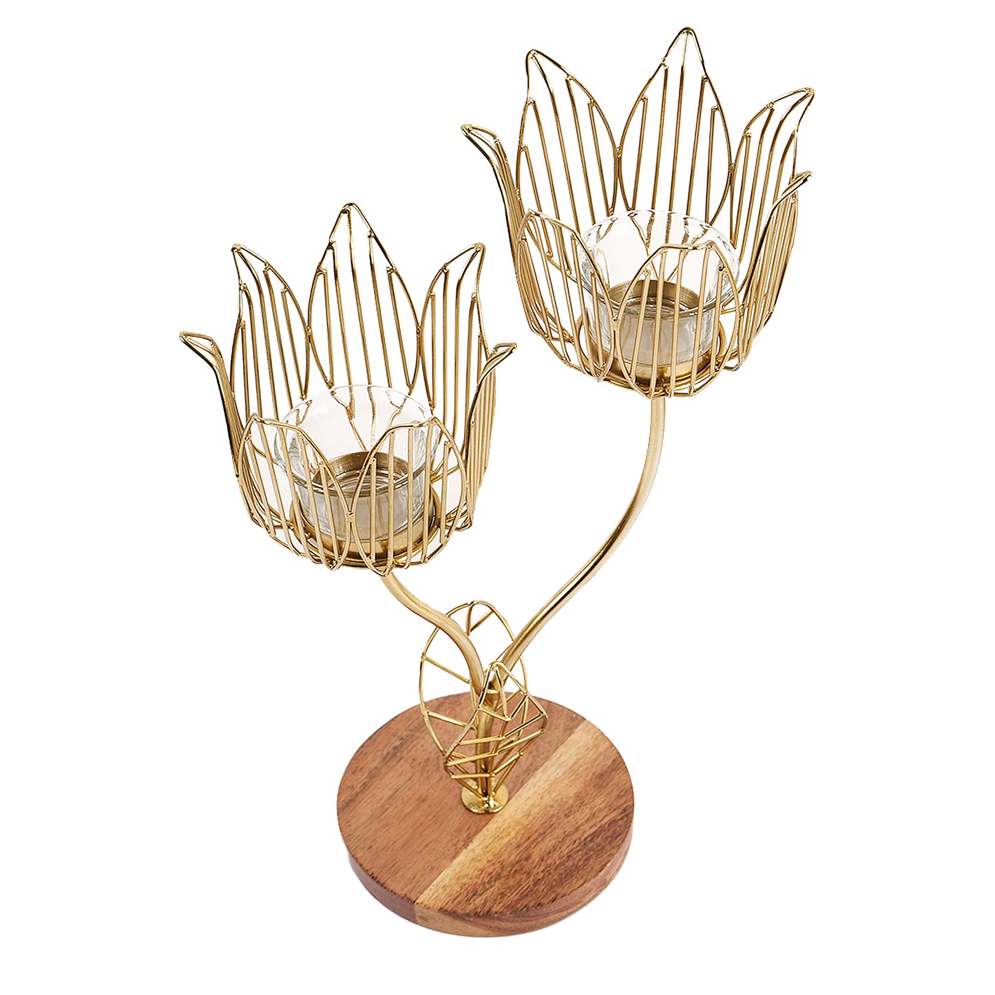Twin Flower cut candle holder with Wooden base