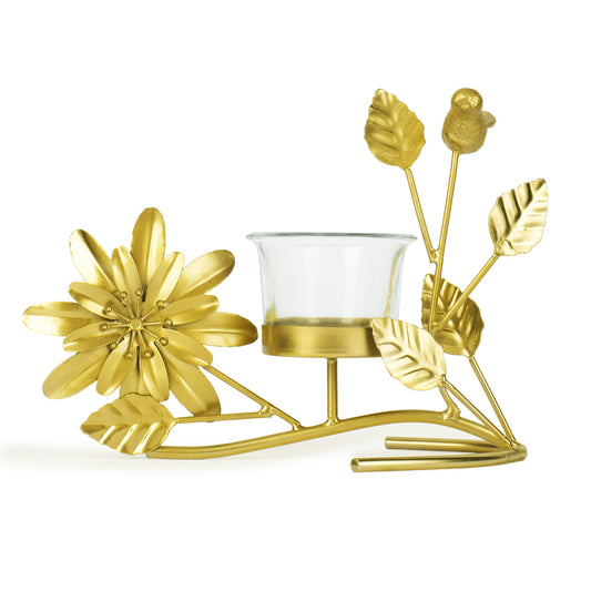 Golden Tealight Holder with Glass Cup – Birds, Leaves & Flower Accents
