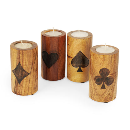 Wooden Tealight Candle Holders with Etched Cards Design - Set of 4