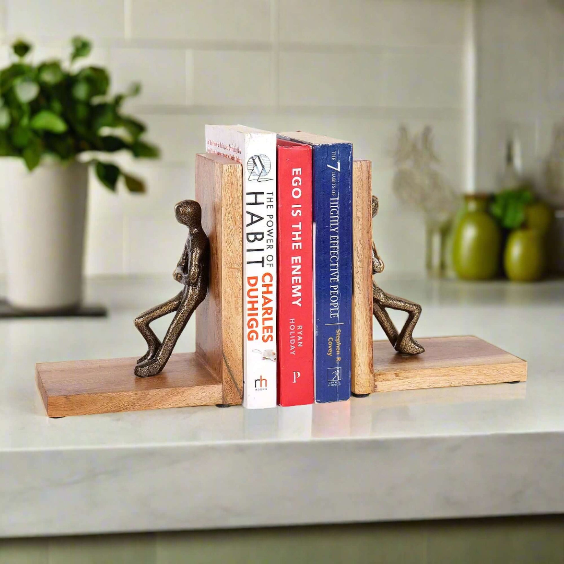 Wooden bookends with natural finish for rustic decor