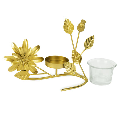 Golden Tealight Holder with Glass Cup – Birds, Leaves & Flower Accents