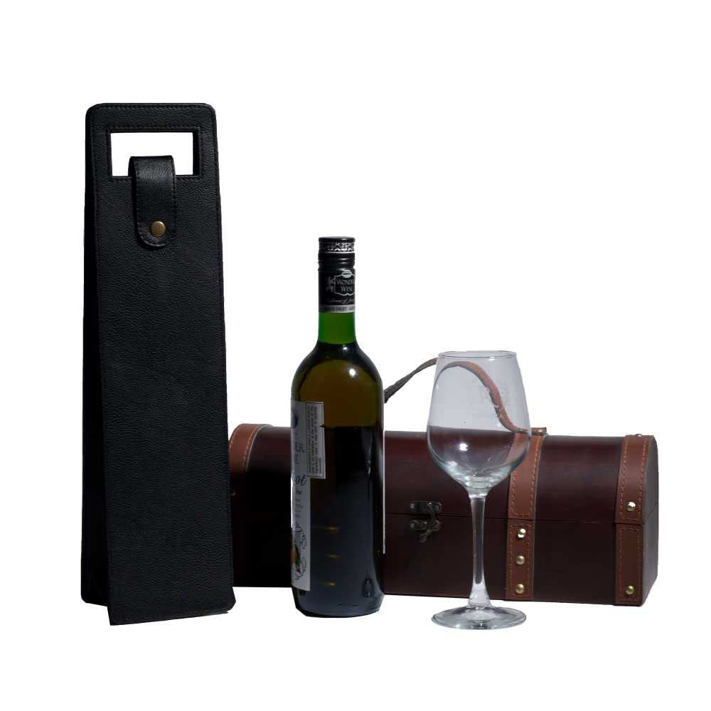 Vegan Leather Wine Bottle Holder, Wine Bag - Black